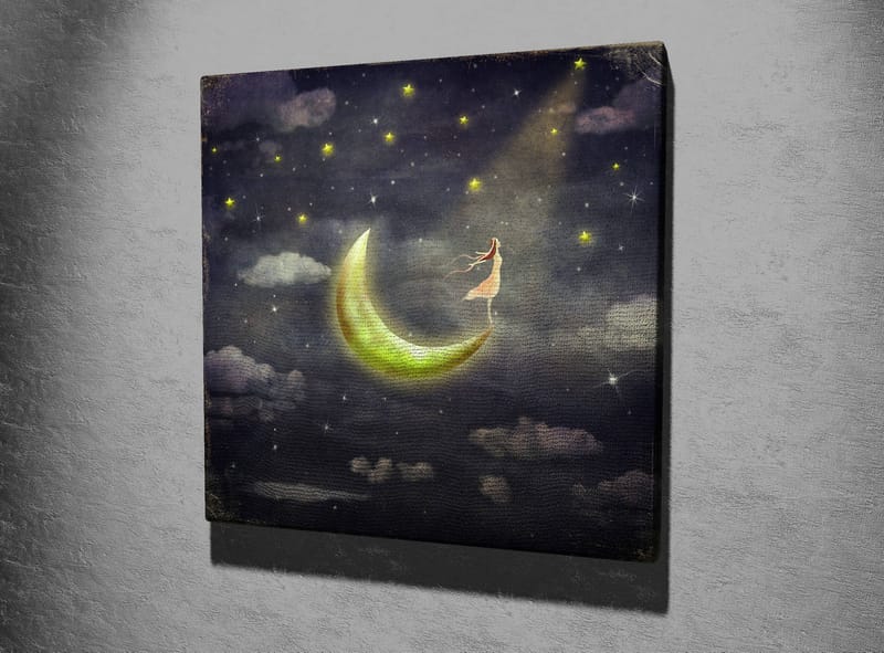 Lerretsbilde 45x45 cm - Drømmeaktig scene med en kvinne som står på en måne i stjerneklar natt - Mørk blå / Grønn / Hvit - Interiør - Maleri & posters - Lerretsbilder