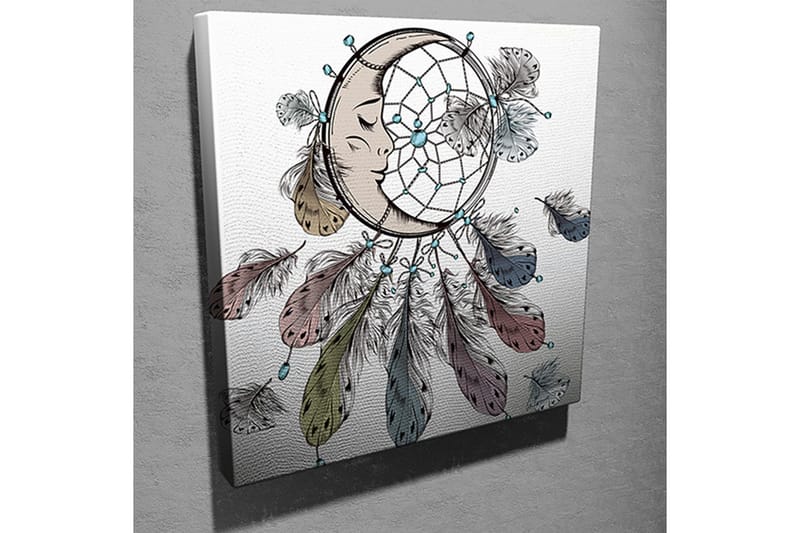 Lerretsbilde 45x45 cm - Drømmefanger med ansikt og fjær som svever nedover - Blå / Brun / Grønn - Interiør - Maleri & posters - Lerretsbilder