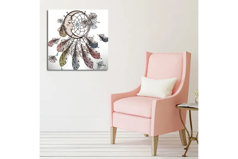 Lerretsbilde 45x45 cm - Drømmefanger med ansikt og fjær som svever nedover - Blå / Brun / Grønn - Interiør - Maleri & posters - Lerretsbilder