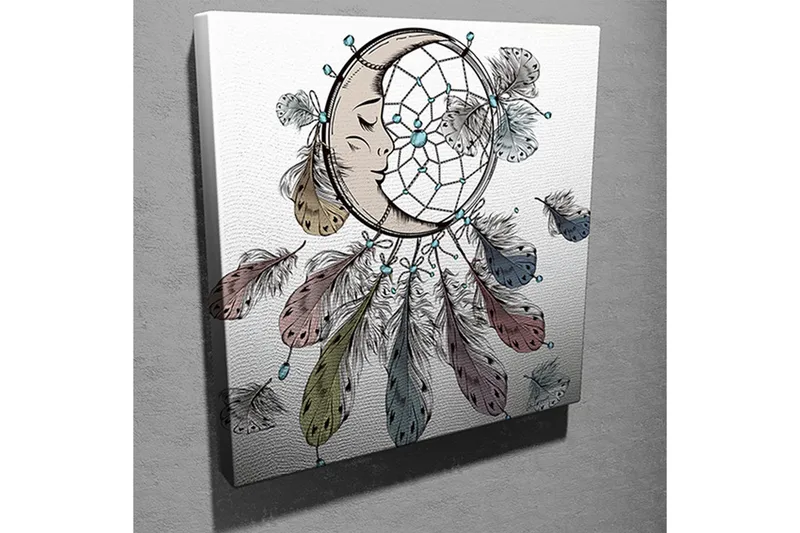 Lerretsbilde 45x45 cm - Drømmefanger med ansikt og fjær som svever nedover - Blå / Brun / Grønn - Interiør - Maleri & posters - Lerretsbilder