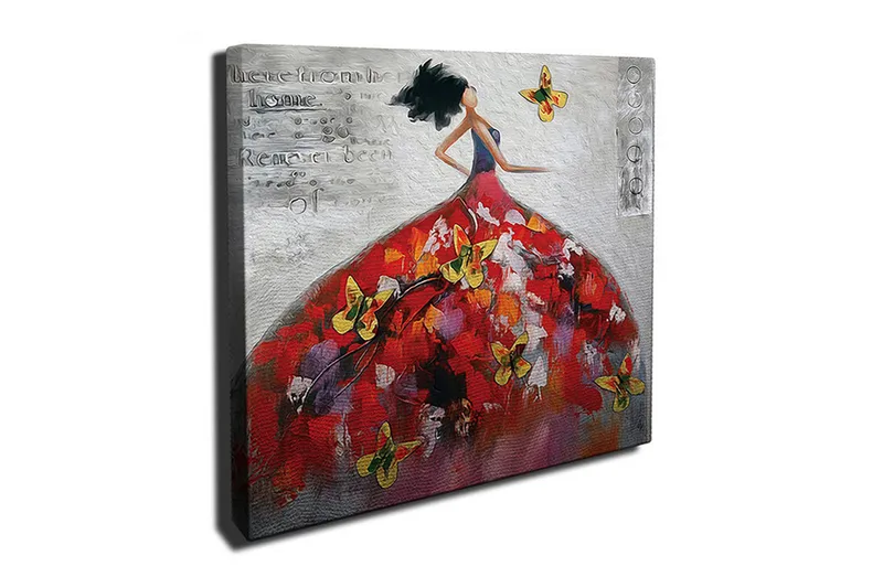Lerretsbilde 45x45 cm - Elegant kvinne i en fargerik kjole omgitt av sommerfugler - Rød / Gul / Hvit - Interiør - Maleri & posters - Lerretsbilder