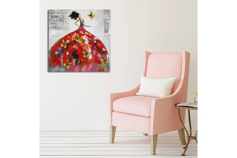 Lerretsbilde 45x45 cm - Elegant kvinne i en fargerik kjole omgitt av sommerfugler - Rød / Gul / Hvit - Interiør - Maleri & posters - Lerretsbilder