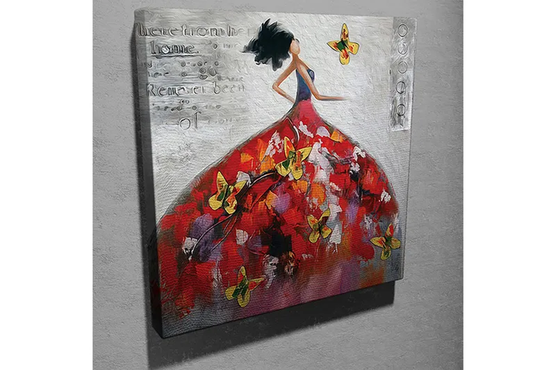 Lerretsbilde 45x45 cm - Elegant kvinne i en fargerik kjole omgitt av sommerfugler - Rød / Gul / Hvit - Interiør - Maleri & posters - Lerretsbilder