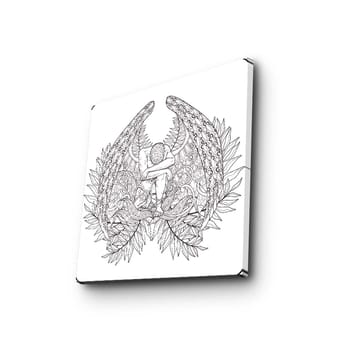 Lerretsbilde 45x45 cm - Fantasifullt motiv med en figur omgitt av store, detaljerte vinger og vegetasjon - Svart / Grå / Hvit - Interiør - Maleri & posters - Lerretsbilder