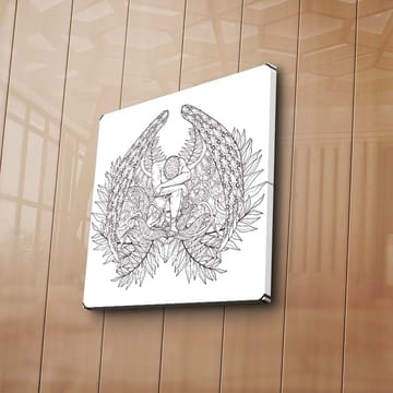 Lerretsbilde 45x45 cm - Fantasifullt motiv med en figur omgitt av store, detaljerte vinger og vegetasjon - Svart / Grå / Hvit - Interiør - Maleri & posters - Lerretsbilder