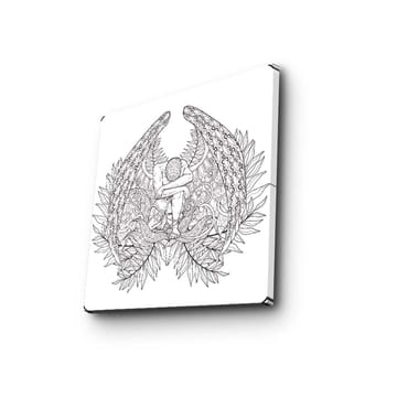 Lerretsbilde 45x45 cm - Fantasifullt motiv med en figur omgitt av store, detaljerte vinger og vegetasjon - Svart / Grå / Hvit - Interiør - Maleri & posters - Lerretsbilder