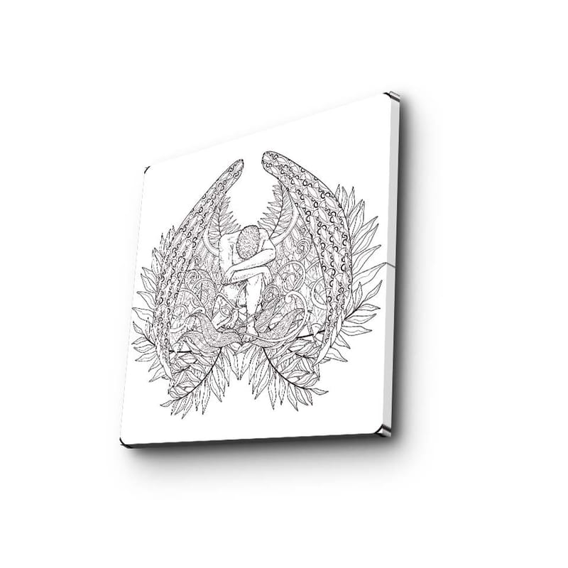 Lerretsbilde 45x45 cm - Fantasifullt motiv med en figur omgitt av store, detaljerte vinger og vegetasjon - Svart / Grå / Hvit - Interiør - Maleri & posters - Lerretsbilder