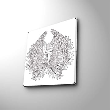 Lerretsbilde 45x45 cm - Fantasifullt motiv med en figur omgitt av store, detaljerte vinger og vegetasjon - Svart / Grå / Hvit - Interiør - Maleri & posters - Lerretsbilder