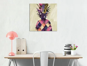 Lerretsbilde 45x45 cm - Fargerik ananas med geometriske mønstre - Lilla / Gul / Rosa - Interiør - Maleri & posters - Lerretsbilder