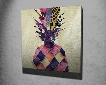 Lerretsbilde 45x45 cm - Fargerik ananas med geometriske mønstre - Lilla / Gul / Rosa - Interiør - Maleri & posters - Lerretsbilder
