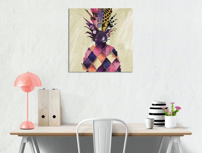 Lerretsbilde 45x45 cm - Fargerik ananas med geometriske mønstre, Lilla / Gul / Rosa