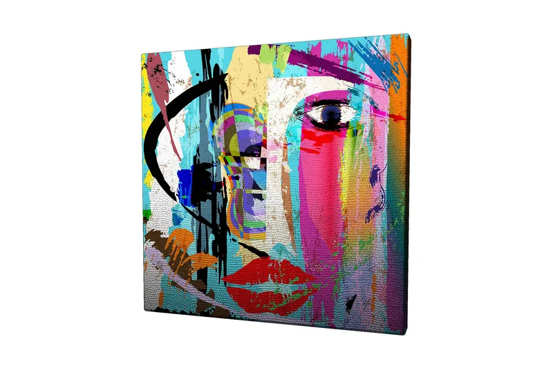 Lerretsbilde 45x45 cm - Fargerik ansiktsportrett med abstrakte elementer - Blå / Rosa / Oransje - Interiør - Maleri & posters - Lerretsbilder