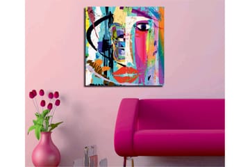 Lerretsbilde 45x45 cm - Fargerik ansiktsportrett med abstrakte elementer - Blå / Rosa / Oransje - Interiør - Maleri & posters - Lerretsbilder