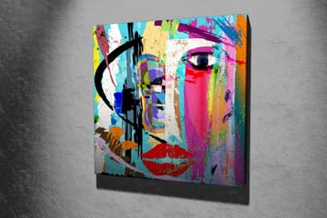 Lerretsbilde 45x45 cm - Fargerik ansiktsportrett med abstrakte elementer - Blå / Rosa / Oransje - Interiør - Maleri & posters - Lerretsbilder