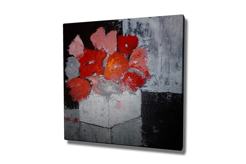 Lerretsbilde 45x45 cm - Fargerik blomsterbukett i en hvit vase - Rød / Grå / Svart - Interiør - Maleri & posters - Lerretsbilder