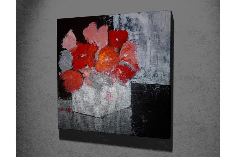 Lerretsbilde 45x45 cm - Fargerik blomsterbukett i en hvit vase - Rød / Grå / Svart - Interiør - Maleri & posters - Lerretsbilder