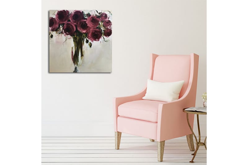 Lerretsbilde 45x45 cm - Fargerik bukett med roser - Mørk rød / Grønn / Beige - Interiør - Maleri & posters - Lerretsbilder