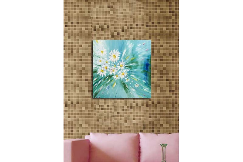 Lerretsbilde 45x45 cm - Fargerik bukett med tusenfryd i en dynamisk komposisjon - Lyseblå / Hvit / Gul - Interiør - Maleri & posters - Lerretsbilder