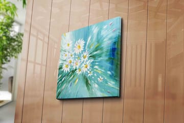 Lerretsbilde 45x45 cm - Fargerik bukett med tusenfryd i en dynamisk komposisjon - Lyseblå / Hvit / Gul - Interiør - Maleri & posters - Lerretsbilder