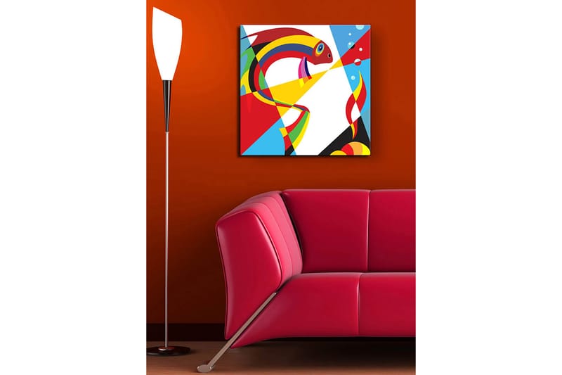 Lerretsbilde 45x45 cm - Fargerik fisk i abstrakt stil - Rød / Gul / Blå - Interiør - Maleri & posters - Lerretsbilder
