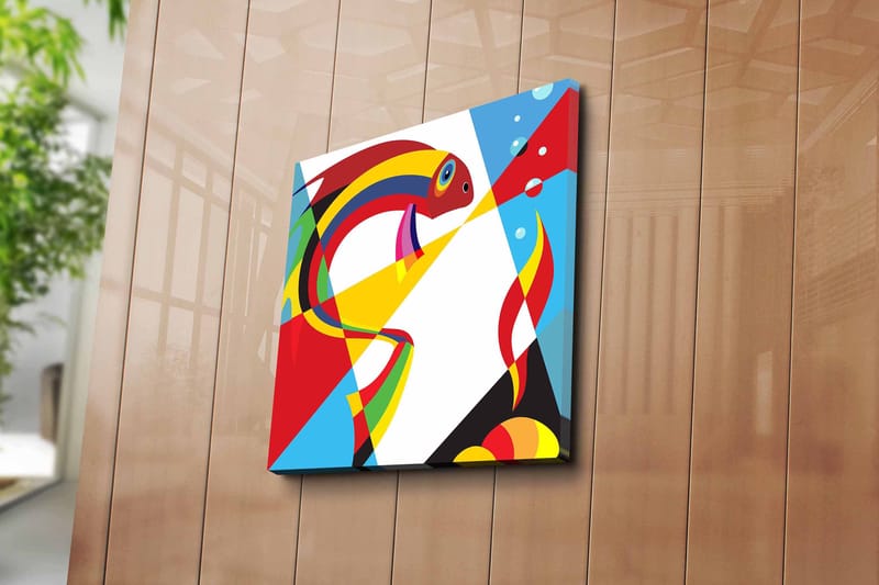 Lerretsbilde 45x45 cm - Fargerik fisk i abstrakt stil - Rød / Gul / Blå - Interiør - Maleri & posters - Lerretsbilder