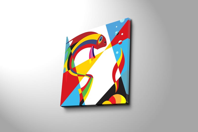 Lerretsbilde 45x45 cm - Fargerik fisk i abstrakt stil - Rød / Gul / Blå - Interiør - Maleri & posters - Lerretsbilder