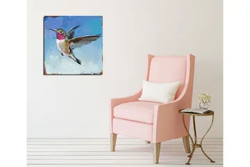 Lerretsbilde 45x45 cm - Fargerik kolibri i flukt - Turkis / Rosa / Grønn - Interiør - Maleri & posters - Lerretsbilder