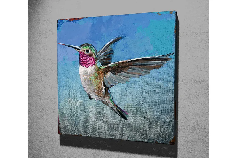 Lerretsbilde 45x45 cm - Fargerik kolibri i flukt - Turkis / Rosa / Grønn - Interiør - Maleri & posters - Lerretsbilder