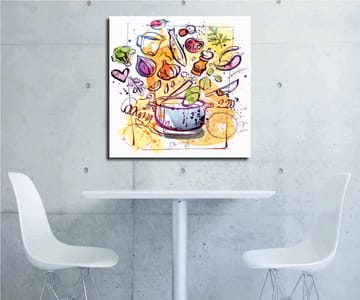 Lerretsbilde 45x45 cm - Fargerik komposisjon med kjøkkenutstyr og grønnsaker - Grønn / Lilla / Oransje - Interiør - Maleri & posters - Lerretsbilder
