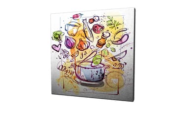 Lerretsbilde 45x45 cm - Fargerik komposisjon med kjøkkenutstyr og grønnsaker - Grønn / Lilla / Oransje - Interiør - Maleri & posters - Lerretsbilder