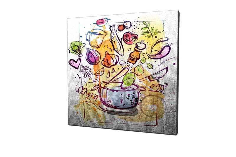 Lerretsbilde 45x45 cm - Fargerik komposisjon med kjøkkenutstyr og grønnsaker - Grønn / Lilla / Oransje - Interiør - Maleri & posters - Lerretsbilder