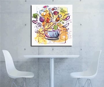 Lerretsbilde 45x45 cm - Fargerik komposisjon med kjøkkenutstyr og grønnsaker - Grønn / Lilla / Oransje - Interiør - Maleri & posters - Lerretsbilder