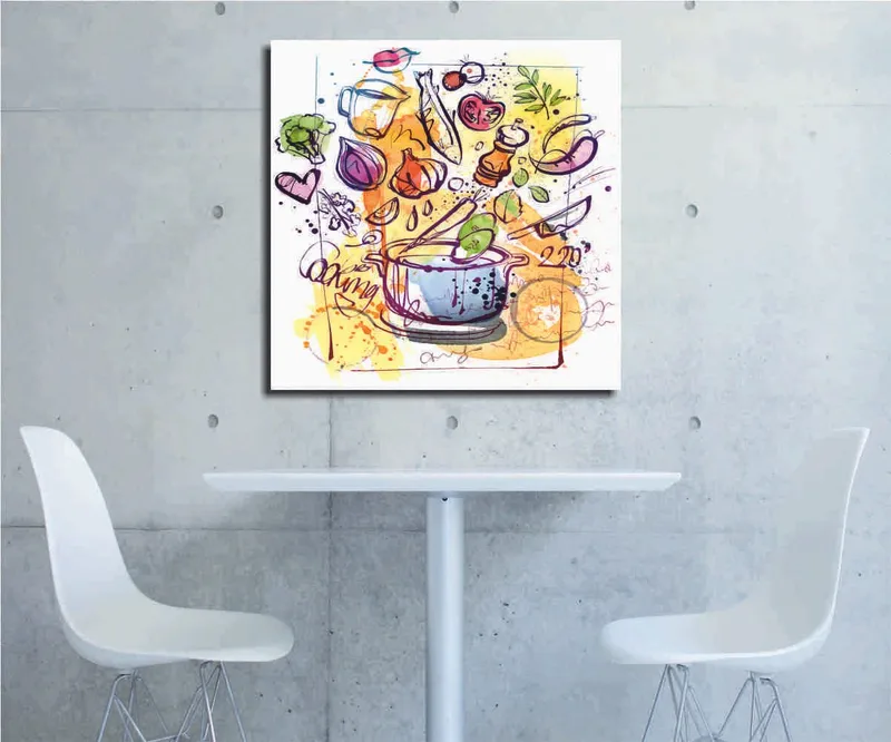 Lerretsbilde 45x45 cm - Fargerik komposisjon med kjøkkenutstyr og grønnsaker, Grønn / Lilla / Oransje
