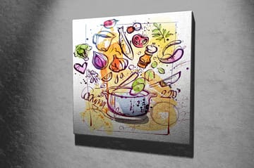 Lerretsbilde 45x45 cm - Fargerik komposisjon med kjøkkenutstyr og grønnsaker - Grønn / Lilla / Oransje - Interiør - Maleri & posters - Lerretsbilder