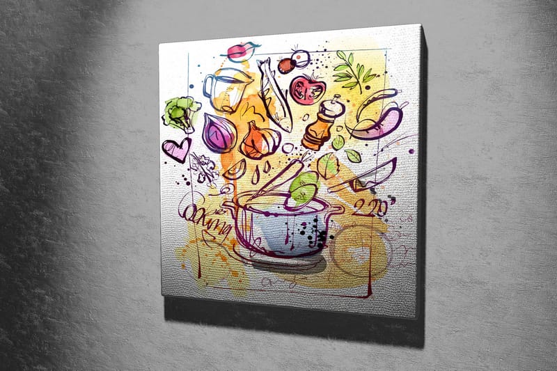 Lerretsbilde 45x45 cm - Fargerik komposisjon med kjøkkenutstyr og grønnsaker - Grønn / Lilla / Oransje - Interiør - Maleri & posters - Lerretsbilder