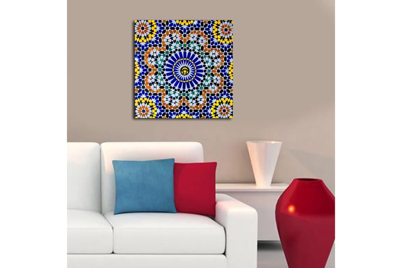 Lerretsbilde 45x45 cm - Fargerik mandala med geometriske mønstre, Blå / Gul / Oransje