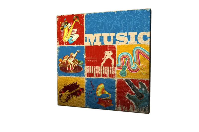 Lerretsbilde 45x45 cm - Fargerik musikalsk inspirert komposisjon med instrumenter og noter - Blå / Rød / Gul - Interiør - Maleri & posters - Lerretsbilder