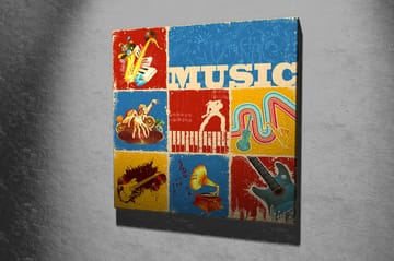 Lerretsbilde 45x45 cm - Fargerik musikalsk inspirert komposisjon med instrumenter og noter - Blå / Rød / Gul - Interiør - Maleri & posters - Lerretsbilder