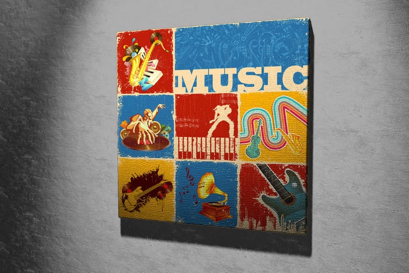 Lerretsbilde 45x45 cm - Fargerik musikalsk inspirert komposisjon med instrumenter og noter - Blå / Rød / Gul - Interiør - Maleri & posters - Lerretsbilder