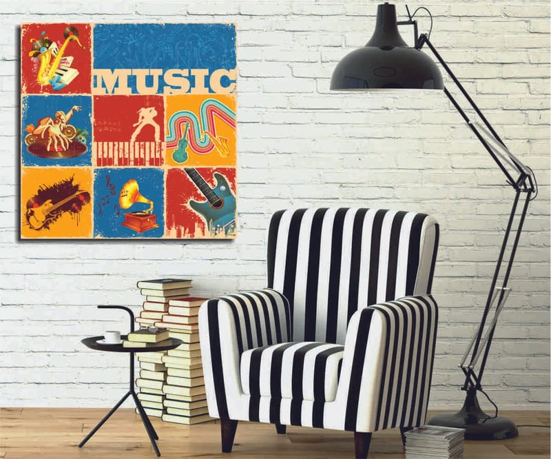 Lerretsbilde 45x45 cm - Fargerik musikalsk inspirert komposisjon med instrumenter og noter, Blå / Rød / Gul