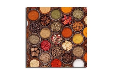 Lerretsbilde 45x45 cm - Fargerik samling av krydder i boller - Rød / Gul / Grønn - Interiør - Maleri & posters - Lerretsbilder