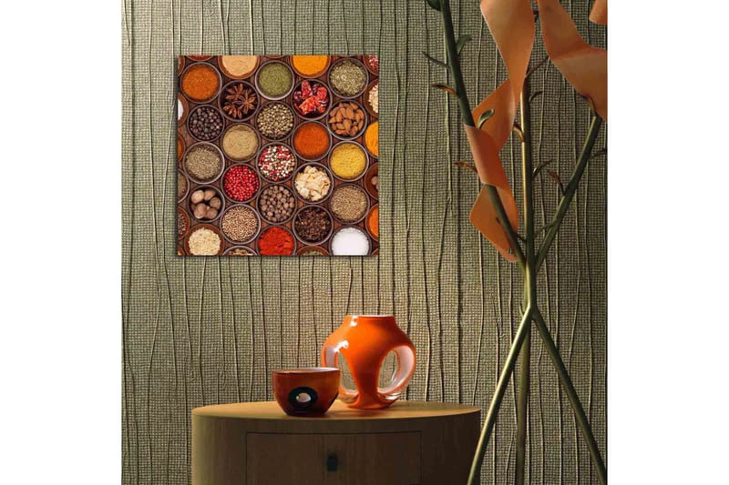 Lerretsbilde 45x45 cm - Fargerik samling av krydder i boller - Rød / Gul / Grønn - Interiør - Maleri & posters - Lerretsbilder