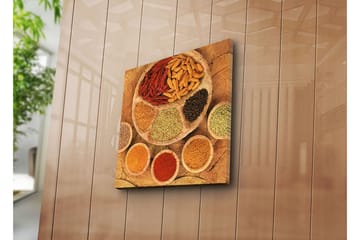 Lerretsbilde 45x45 cm - Fargerik samling av krydder og urter på en rund tallerken - Rød / Gul / Brun - Interiør - Maleri & posters - Lerretsbilder