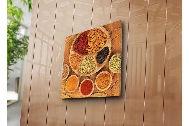 Lerretsbilde 45x45 cm - Fargerik samling av krydder og urter på en rund tallerken - Rød / Gul / Brun - Interiør - Maleri & posters - Lerretsbilder