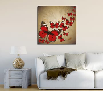 Lerretsbilde 45x45 cm - Fargerik samling av sommerfugler i rød fargetone - Rød / Svart / Beige - Interiør - Maleri & posters - Lerretsbilder