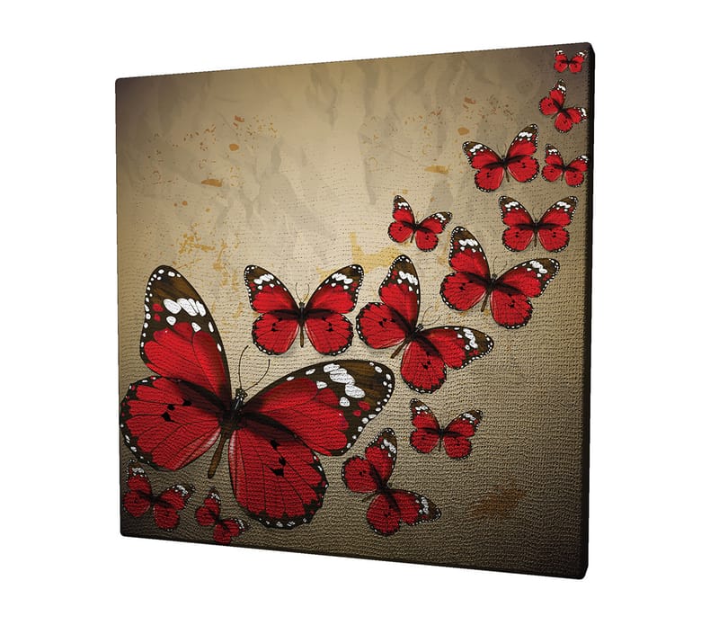 Lerretsbilde 45x45 cm - Fargerik samling av sommerfugler i rød fargetone - Rød / Svart / Beige - Interiør - Maleri & posters - Lerretsbilder