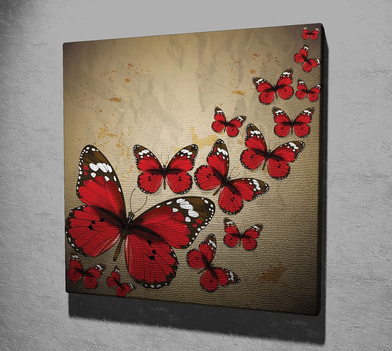 Lerretsbilde 45x45 cm - Fargerik samling av sommerfugler i rød fargetone - Rød / Svart / Beige - Interiør - Maleri & posters - Lerretsbilder