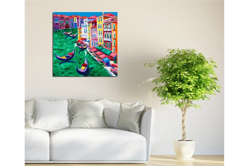 Lerretsbilde 45x45 cm - Fargerik utsikt over en kanal med gondoler og fargerike bygninger - Grønn / Rød / Blå - Interiør - Maleri & posters - Lerretsbilder