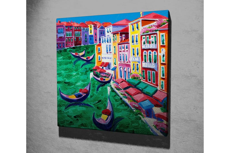 Lerretsbilde 45x45 cm - Fargerik utsikt over en kanal med gondoler og fargerike bygninger - Grønn / Rød / Blå - Interiør - Maleri & posters - Lerretsbilder