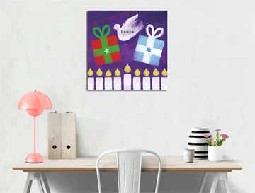 Lerretsbilde 45x45 cm - Fargerike gaver med en fredsdue i en leken komposisjon - Grønn / Rød / Lilla - Interiør - Maleri & posters - Lerretsbilder